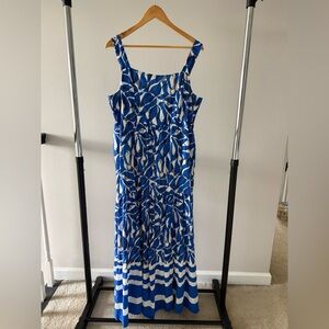 Nine West Blue and White Leaf-Print Tiered Maxi Dress